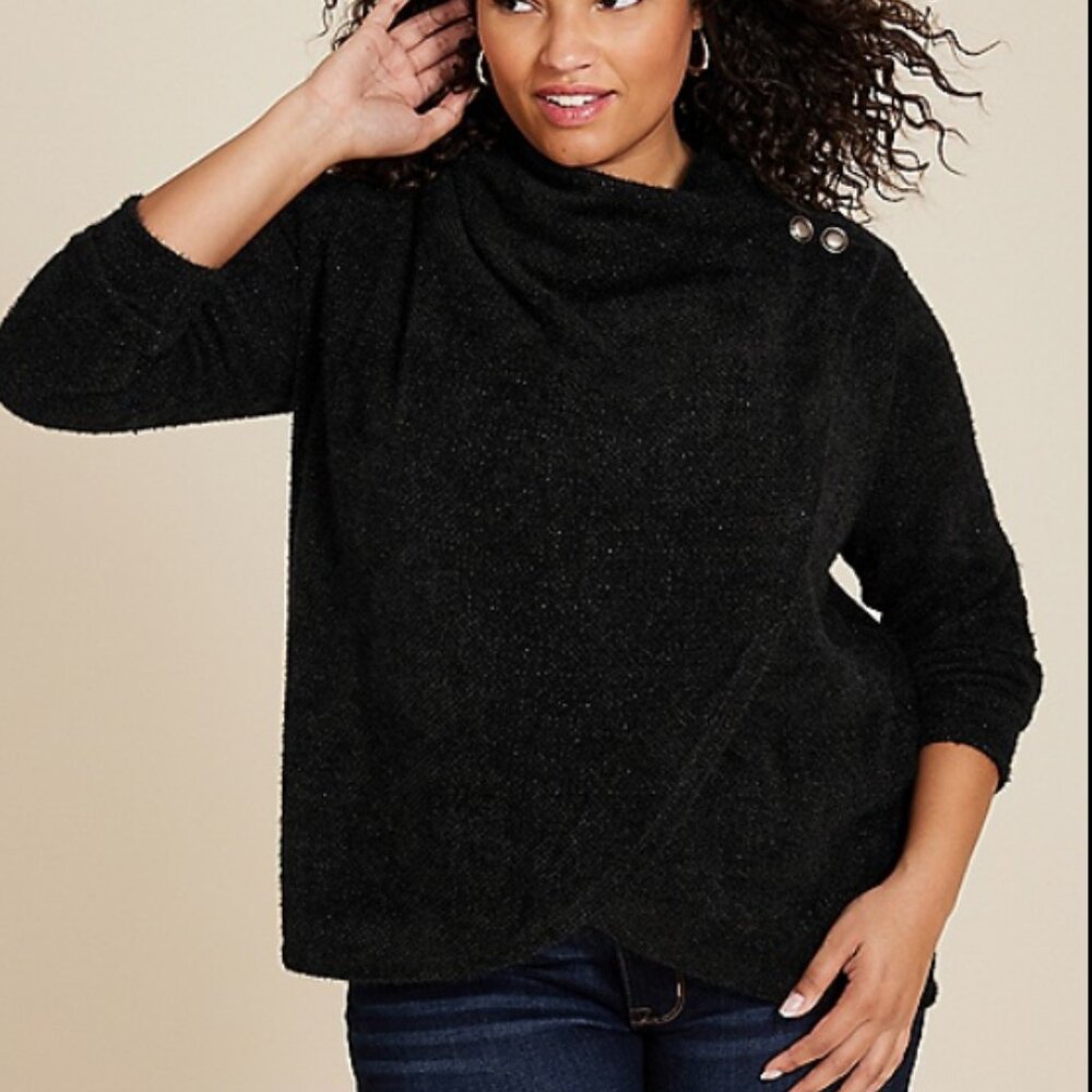 Black Plus Size Metallic Asymmetrical Cardigan Black 0X